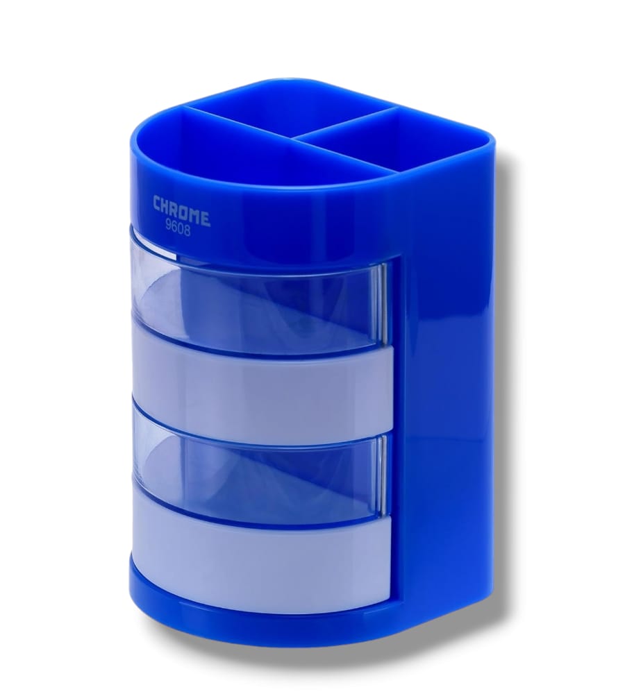 Chrome 6 Compartments Plastic Pen Stand - Round Shape (Random Color)